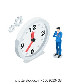 isometric vector business man standing near big clock, in color on white background, waiting time or deadline