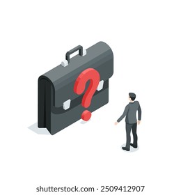 Hombre de negocios de Vector isométrico que se coloca cerca del maletín con la marca de interrogación, en color sobre fondo blanco, cantidad desconocida de trabajo