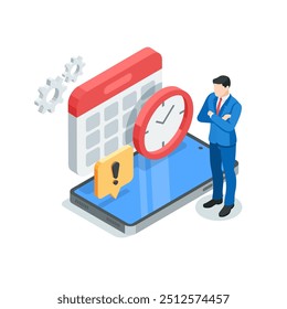homem de negócios vetor isométrico de pé perto do smartphone e ícone de calendário com relógio, em cor sobre fundo branco, agenda de negócios ou gestão de tempo
