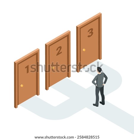isometric vector business man standing in front of three doors with numbers, in color on white background, problem of choosing path