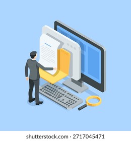 Hombre de negocios del Vector isométrico que estudia un documento en una carpeta en la pantalla de un ordenador, en color en un fondo azul, trabajando con los archivos y los documentos digitales