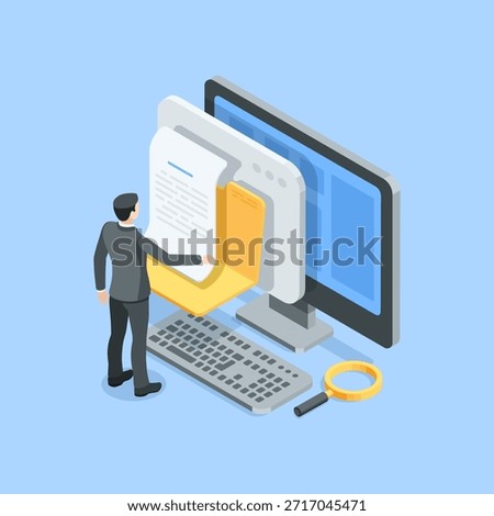 Isometric vector business man studying a document in a folder on a computer screen, in color on a blue background, working with digital files and documents