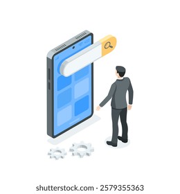 isometric vector business man in suit standing near smartphone with search field on screen, in color on white background, mobile apps or search