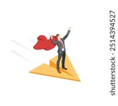 isometric vector business man in superman cape flying on paper airplane, in color on white background, leadership or achieving great success