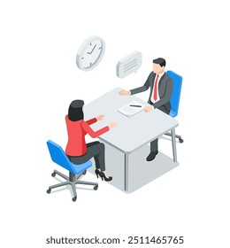 isometric vector business man talking to woman sitting at table in office, in color on white background, business conversation or discussion