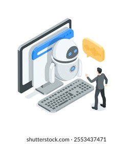 isometric vector business man talking to robot on computer screen, in color on white background, artificial intelligence or virtual assistant