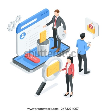 isometric vector business man throwing envelope into trash bin on smartphone screen and woman studying letter through magnifying glass and man with smartphone and message, deleting spam in email