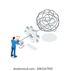 isometric vector business man untangling a tangled thread and gear, in color on a white background, unraveling a problem or solution