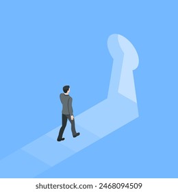isometric vector business man walking towards the keyhole, in color on a blue background, mystery or discovery of something new