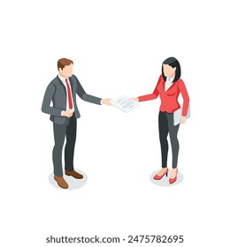 isometric vector business man and woman hand over a document for signature, in color on a white background, secretary and paperwork