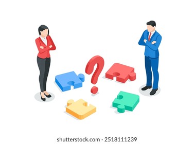 isometric vector business man and woman standing near scattered puzzle pieces and question mark, in color on a white background, unsolved problem or search for a solution