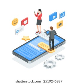 isométrico vetor homem de negócios e mulher no smartphone conversação tela, em cor no fundo branco, bate-papo on-line ou aplicativo de mensagens