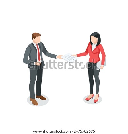 isometric vector business man and woman hand over a document for signature, in color on a white background, secretary and paperwork