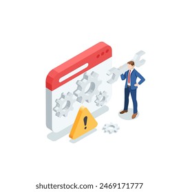 isometric vector business man with a wrench standing near a program window with gears and an exclamation mark, in color on a white background, system recovery or repair