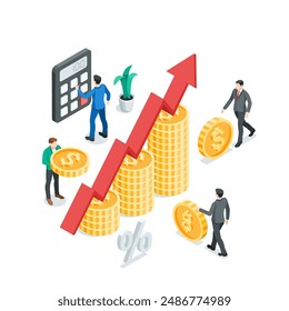 hombres de negocios de Vector isométrico con monedas y una calculadora, en color sobre un fondo blanco, presupuesto general o crecimiento financiero