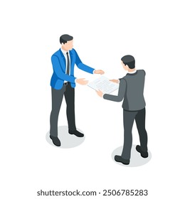 isometric vector business men hand over a document for signature, in color on a white background, secretary and paperwork