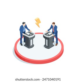 isometric vector business men at the podium discussing among themselves, in color on a white background, political debate or election battle