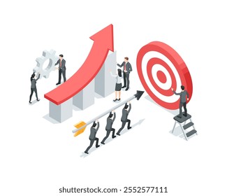 isometric vector business men running with an arrow to the target, in color on a white background, teamwork or achieving success