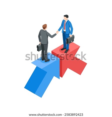 isometric vector business men shaking hands standing on arrows pointing towards each other, in color on white background, agreement or cooperation in business