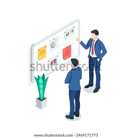 isometric vector business men stand near a board with information, in color on a white background, working in an office with statistical data