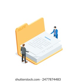 isometric vector business men taking out a document from an open folder, in color on a white background, working with papers or teamwork