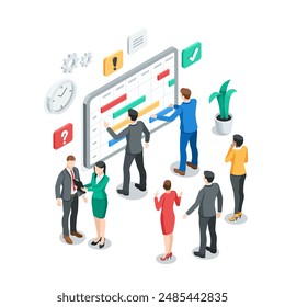 isometric vector business men and woman look at the timetable posted on the stand, in color on a white background, office workers and  teamwork