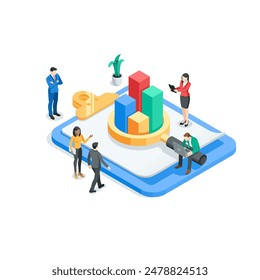 Vector isométrico personas de negocios que analizan un gráfico en una hoja de papel que se muestra a través de una lupa, en color sobre un fondo blanco, investigación de datos estadísticos y trabajo en equipo profesional