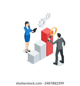 isometric vector business people analyzing a chart , in color on a white background, statistics data research and professional team work