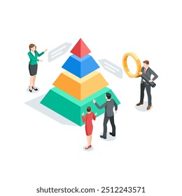 vetor isométrico pessoas de negócios analisando gráfico de pirâmide, em cores em um fundo branco, pesquisa de dados estatísticos e trabalho de equipe profissional