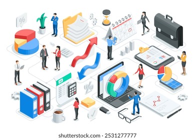 isometrische Vektorgrafiken von Geschäftsleuten, die Diagramme analysieren, in Farbe auf weißem Hintergrund, statistische Datenrecherche und professionelle Teamarbeit