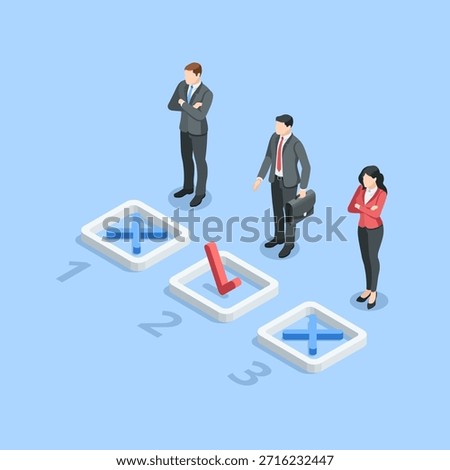 Isometric vector business people and candidate selection field, in color on a blue background, recruitment or choosing the best