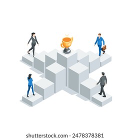 isometric vector business people climb the steps of the chart to the trophy cup standing at the top, in color on a white background, challenge or steps to success