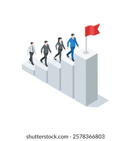 isometric vector business people climb chart to flag, in color on white background, path to success or personal growth