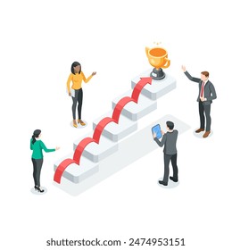 isometric vector business people discussing a diagram in the form of a ladder climbing arrow up to a cup, in color on a white background, business success strategy