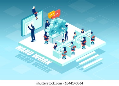 Isometric vector of business people, employee in siting in suits working in the corporate office.