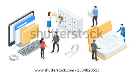 isometric vector business people with folders in archive, in color on white background, office work with archive