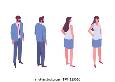 isometric vector business people front and back side view. Man in suit and woman. Flat vector characters isolated on white background.	
