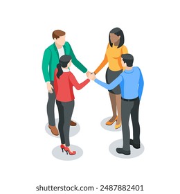 isometric vector business people joined their hands, in color on a white background, teamwork or joining forces for a common solution