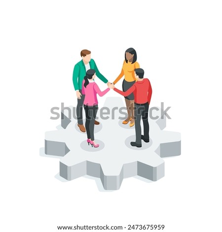 isometric vector business people joined their hands while standing on a large gear, in color on a white background, teamwork or joining forces for a common cause