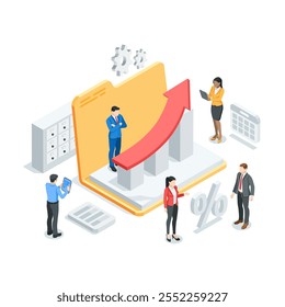 isometric vector business people near open folder and chart with arrow, in color on white background, financial growth or statistical data analysis