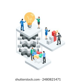 isometric vector business people next to a light bulb and a chart and a gear, in color on a white background, teamwork with data or working for common success