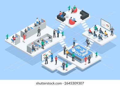 isometric vector business people in office performing different tasks, in color on blue background, teamwork or big business project