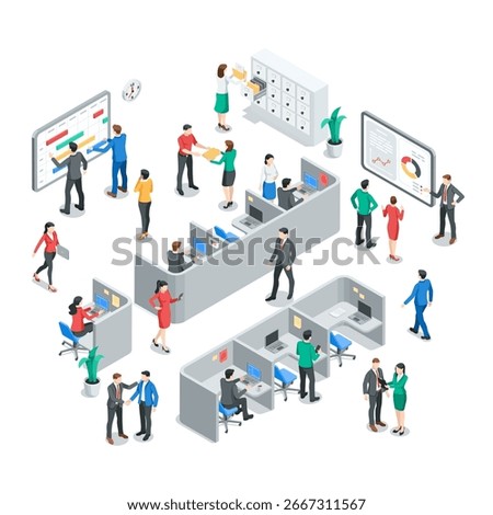 isometric vector business people in office performing different tasks, in color on white background, teamwork or big business project