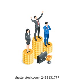 isometric vector business people on a pedestal of gold coins and a cup, in color on a white background, competition winner or financial success