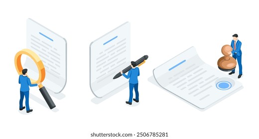 isometric vector business people with pen and signet stand near a paper document, in color on a white background, sign a document or contract