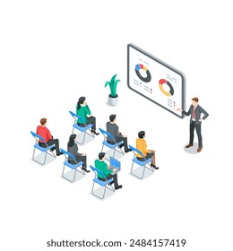 isometric vector business people at a presentation or course, in color on a white background, office work or business training