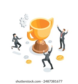 isometric vector business people rejoice in victory near a big trophy, in color on a white background, great success or goal achievement