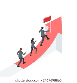 isometric vector business people running behind the leader with an up arrow, in color on a white background, the path to success or professional growth