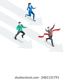 isometric vector business people running along arrows and finishing tape, in color on white background, leader and competitors or winner in competition