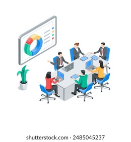 isometric vector business people at a table in the office discussing business issues, in color on a white background, brainstorming teamwork or statistical data analysis